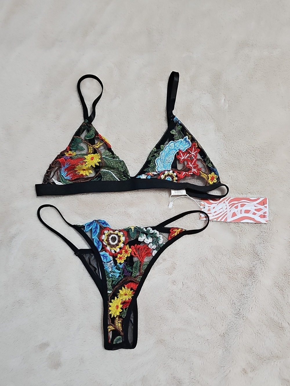 Embroidered Floral Lace Bralette & Thong Set